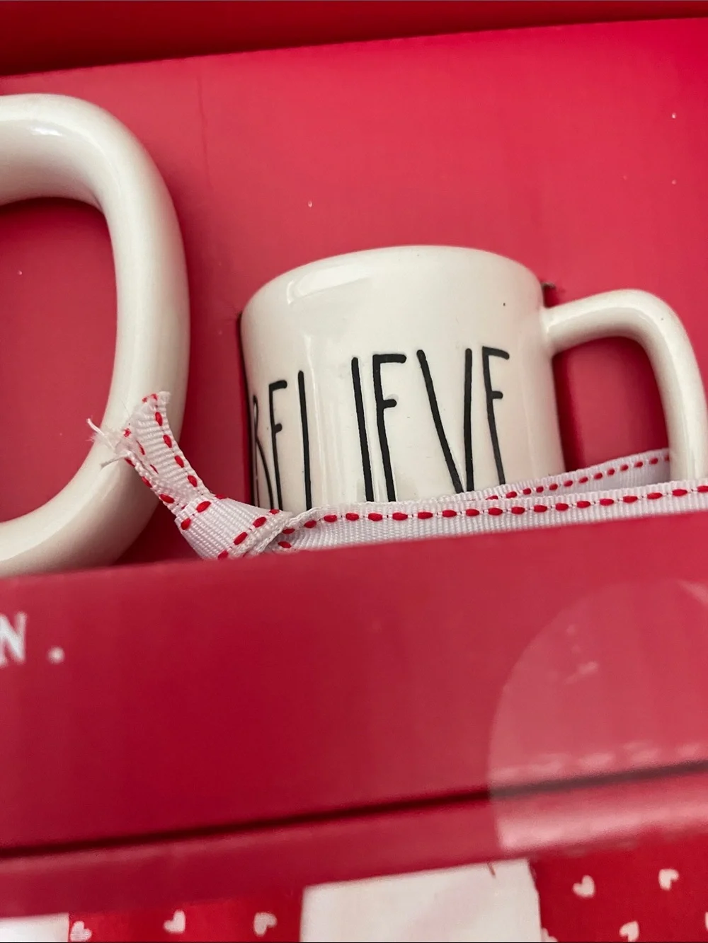 New in Box Rae Dunn White 'BELIEVE' Ceramic Mug & Ornament Set with Red Accents